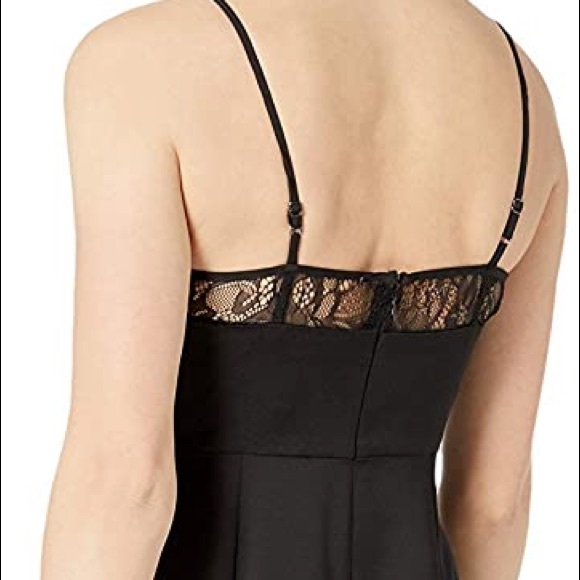 BCBG Black Satin Slip Dress with lace detail and slit. New with tags. Size 8 - Picture 2 of 7